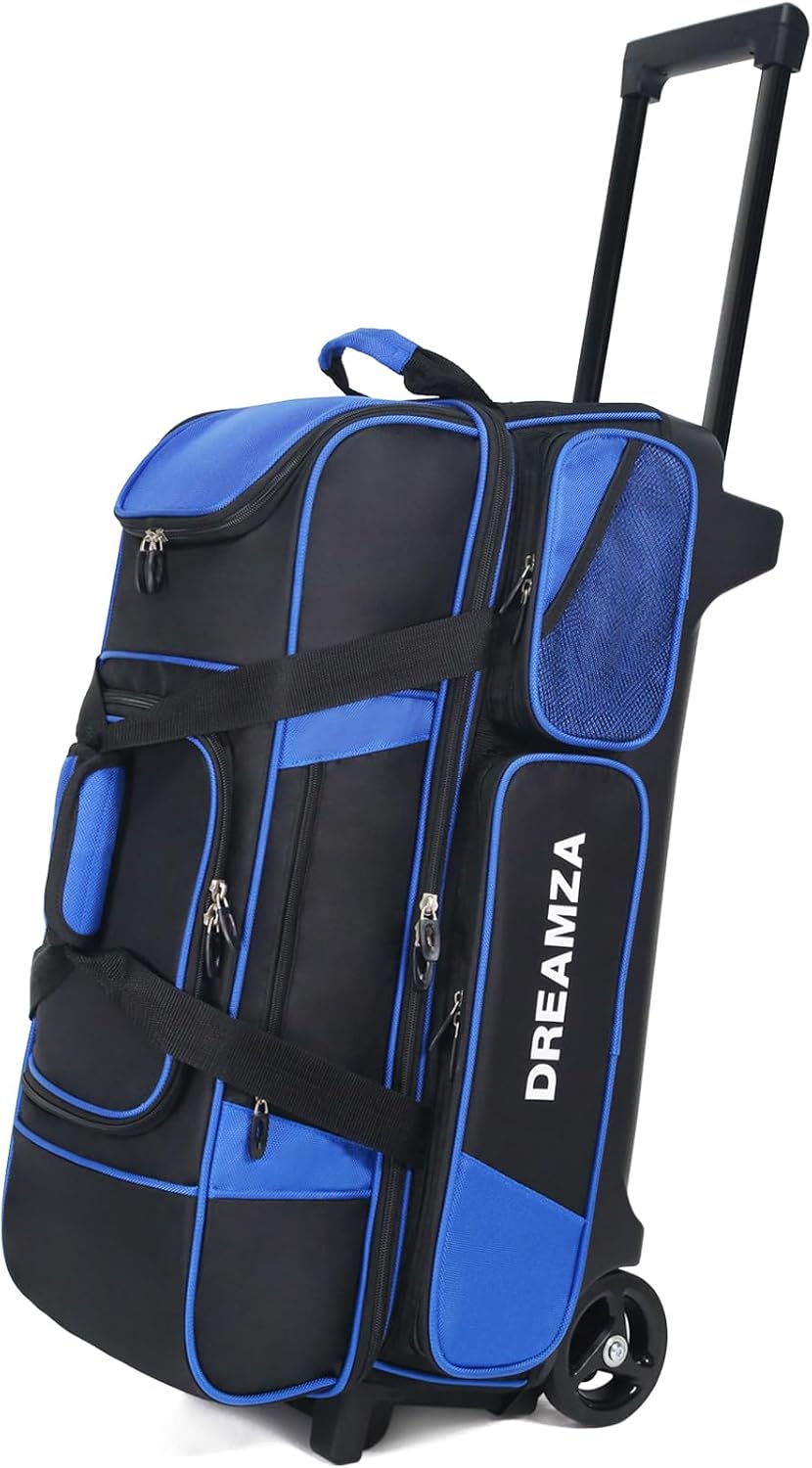 3 Ball Bowling Bags with Wheels & Shoe Pocket, Premium Bowling Ball Bag 3 Ball Roller, Effortless-Rolling 3 Ball Bowling Bag w/Multi-Storage Pockets & Telescopic Handle Extends to 40''