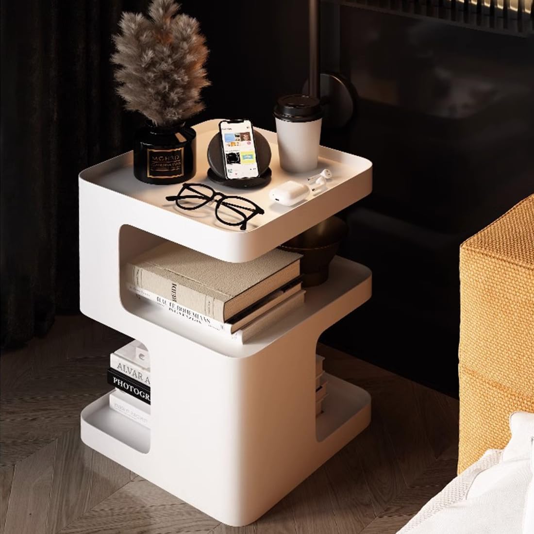 Side Table,Modern end Table,Metal nightstand,Bedside Table,3-Tier Accent Table with Storage for Bedroom,Living Room,Small Space,Couch.No Assembly Required
