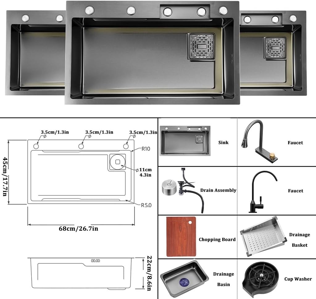 Stainless Steel Waterfall Bar Sink Single Bowl Kitchen Sink Multi-Purpose Handmade Sink Rv Sink Nano-Coated Workstation Sink with Pull-Out Faucet (Size : 80x45x22cm) (68x45x22cm)