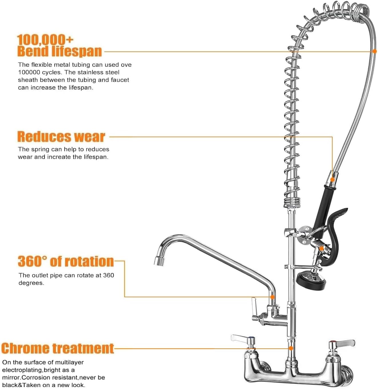 Commercial Faucet with Sprayer for Kitchen Staff: 43 Inches Commercial Faucet Pre Rinse Sprayer 8 inch Center Wall Mount Kitchen with 12 inch Add on Spout