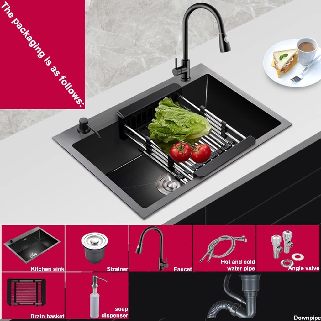 304 Stainless Steel RV Sink Single Bowl Kitchen Bar Sink with Pull Out Faucet & Drain Assembly Top Mount Or Undermount (Black 55x40x21cm)
