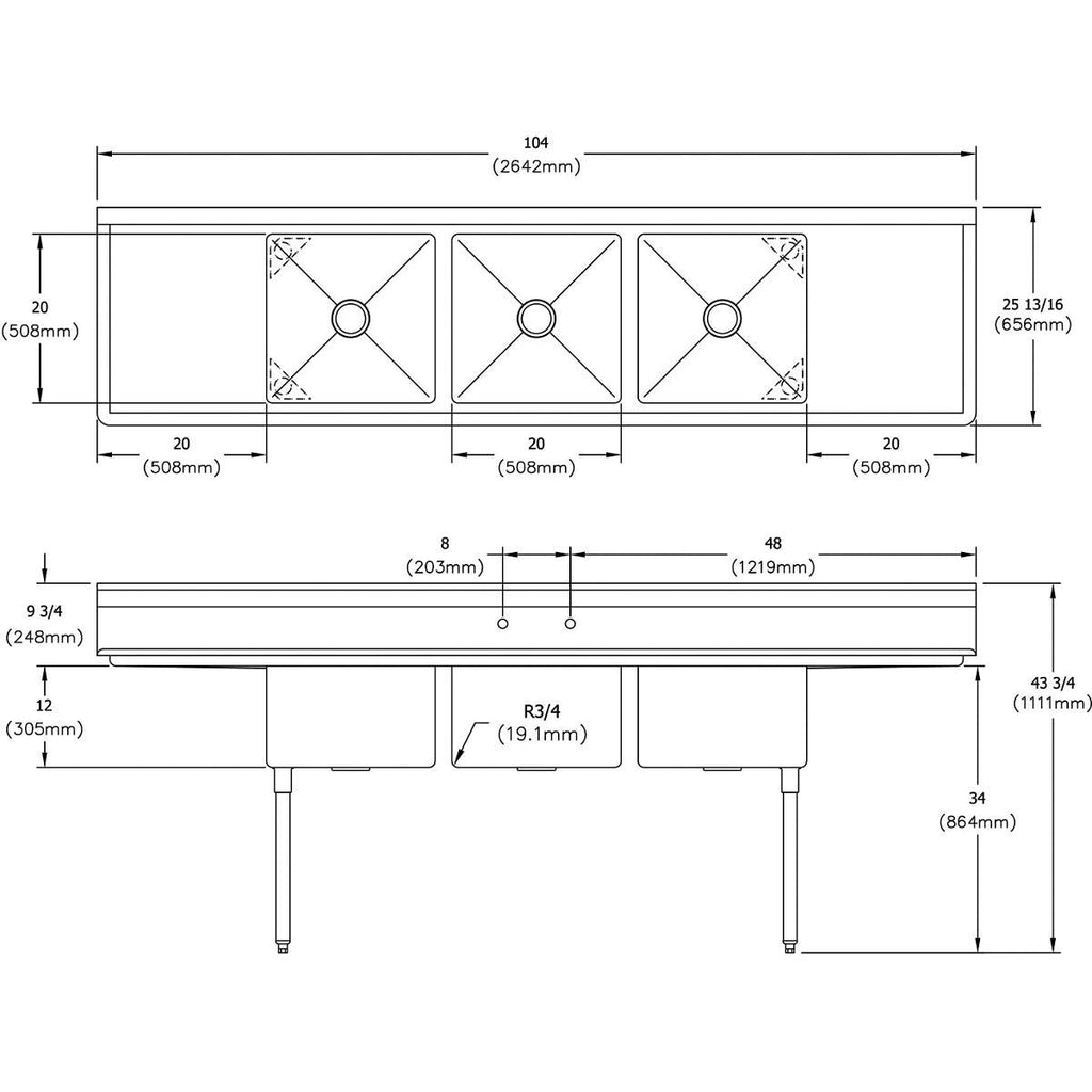 Elkay Foodservice 3 Compartment Sink, 104'X25.75' OA, 36' Working Height, 20X20 Bowl, 12 Deep, 9.75' Backsplash, Left & Right 20 Drainboards, 8' On Center Faucet Hole, Galvinized Legs, Adjustable Feet, 18 Gauge 300 Series Stainless Steel, NSF Certified