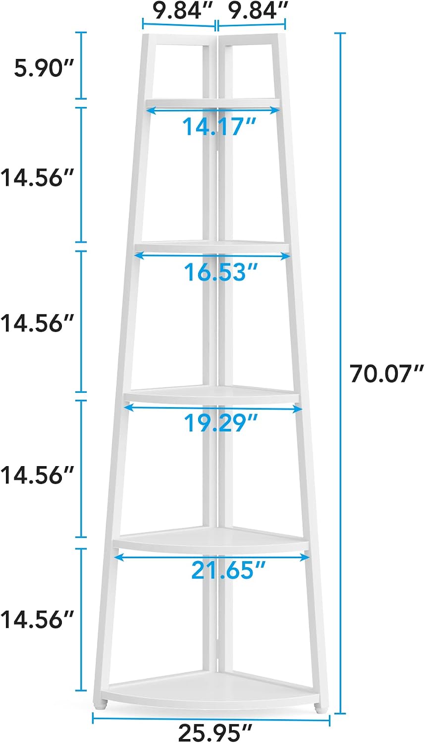 Tribesigns 70 inch Tall Corner Shelf, 5 Tier Modern Corner Bookshelf Bookcase Industrial Corner Ladder Shelf Plant Stand for Living Room, Kitchen, Home Office (White)