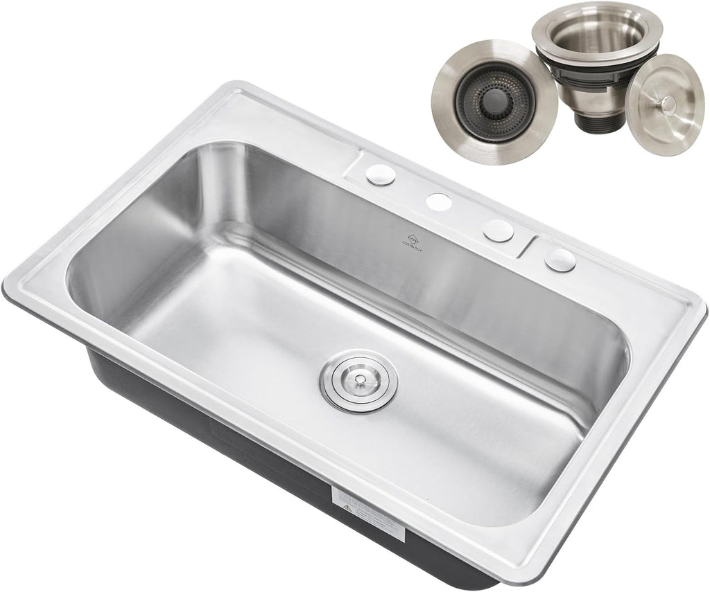 CozyBlock 33 x 22 x 9 Inch Top-mount/Drop-in Stainless Steel Single Bowl Kitchen Sink with Strainer - 18 Gauge Stainless Steel-4 Faucet Hole