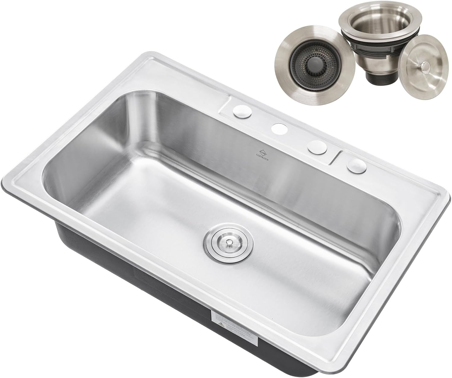 CozyBlock 33 x 22 x 9 Inch Top-mount/Drop-in Stainless Steel Single Bowl Kitchen Sink with Strainer - 18 Gauge Stainless Steel-4 Faucet Hole