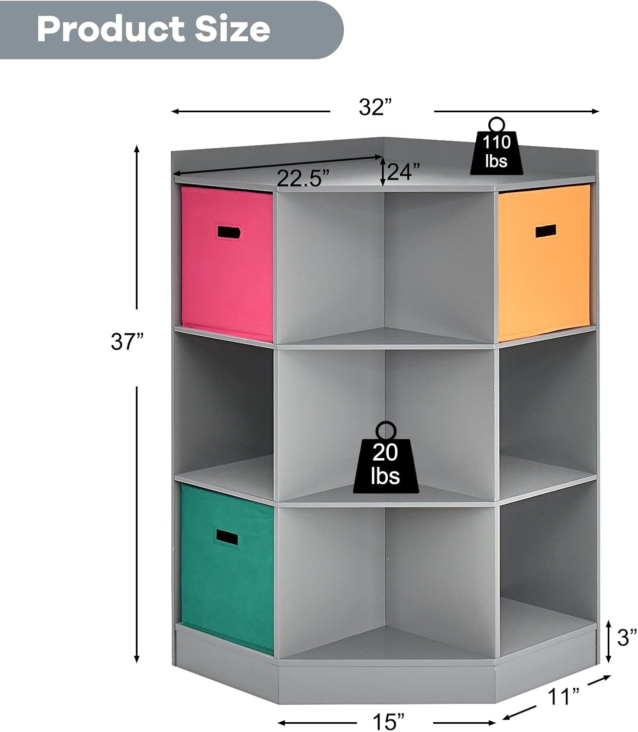 Costzon 9-Cubby Kids Bookcase with Extra Large Storage Baskets, Multi-Bin Children's Organizer Shelf with 6 Cubes and 3 Shelves, Wooden Storage Sideboard Suitable for Playroom, Decor Room (Gray)