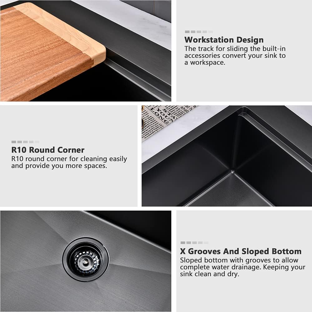 28 Inch Black Kitchen Sink Drop In Workstation-VASOYO 28x20 Inch Drop In Kitchen Sink 16 Gauge Gunmetal Black Stainless Steel Deep Single Bowl Topmount Sinks with Cutting Board