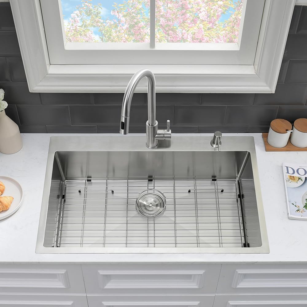 33 x 22 Drop In Kitchen Sink and Faucet Combo Set-VASOYO Stainless Kitchen Sinks Drop In Topmount Stainless Steel Deep Single Bowl Overmount Sink with Faucet