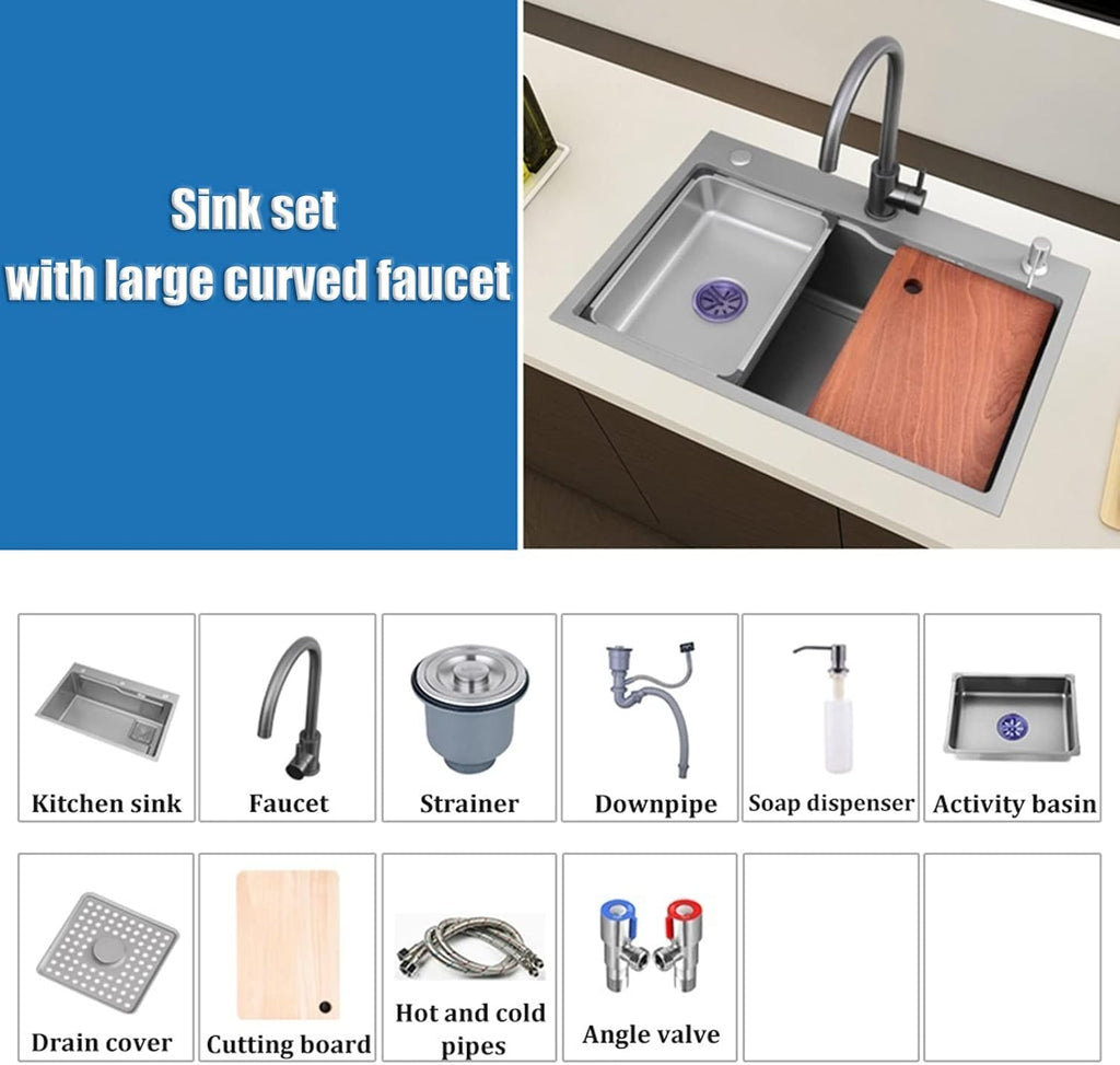 KITCHEN SINK Household 304 Stainless Steel Handmade RV Sink Single Bowl Bar Prep Sink with Large Curved Faucet and Mounting Kit Drop in Or Undermount (Color : A, Size : 75x45x22cm) (A 68x45x22cm)
