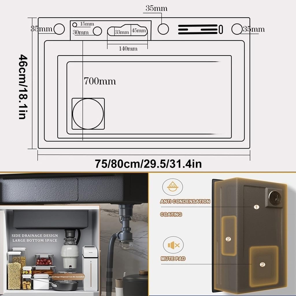 Stainless Steel Waterfall Kitchen Sink Single-Bowl Kitchen Sink with Three-in-one Pull-Out Faucet LED Digital Display Screen Pressurized Cup Washer (Black-75x46x22cm