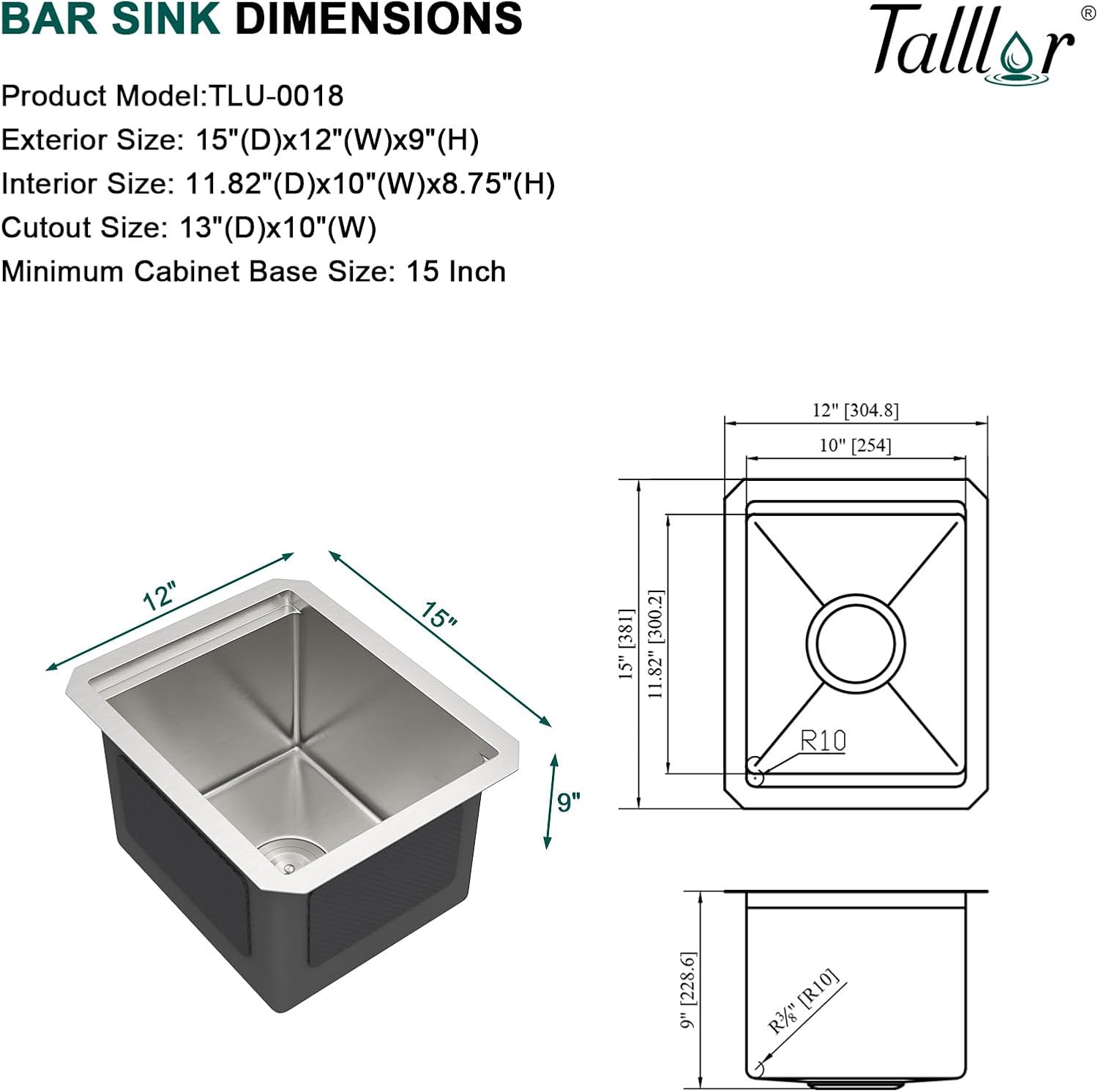 12' Undermount Bar Sink, 16 Gauge Stainless Steel Workstation Prep Sink with Cutting Board & Drain Strainer, Small Single Bowl Wet Bar Sinks for RV, Kitchen Island, Brushed Nickel #TLU-0018