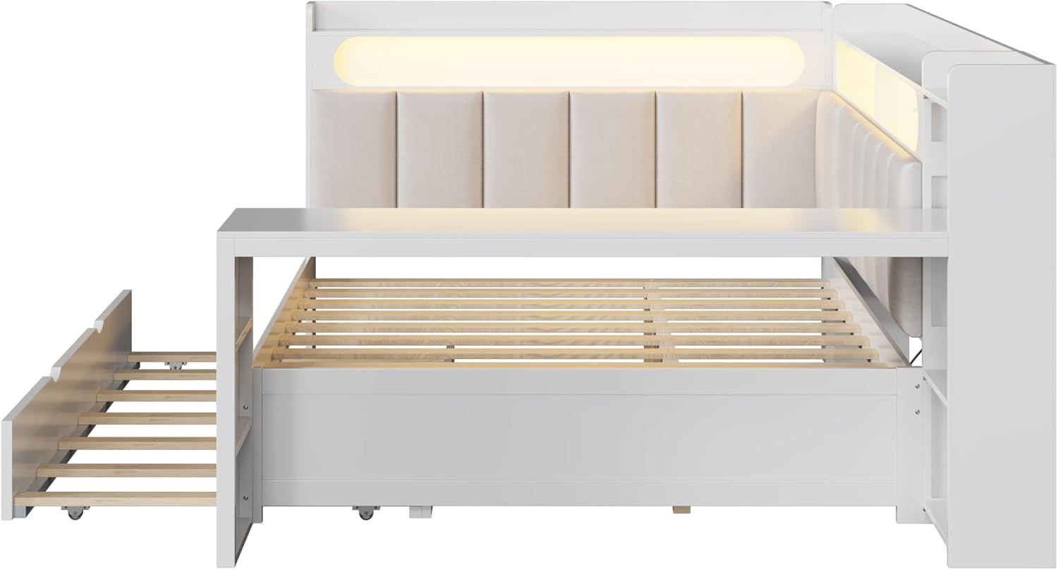 Merax Full Size Daybed with Storage Shelves and Trundle, Wooden Corner Bed with Charging Station, LED Light, Desk, Upholstered Headboard and Backrest, No Spring Box Need