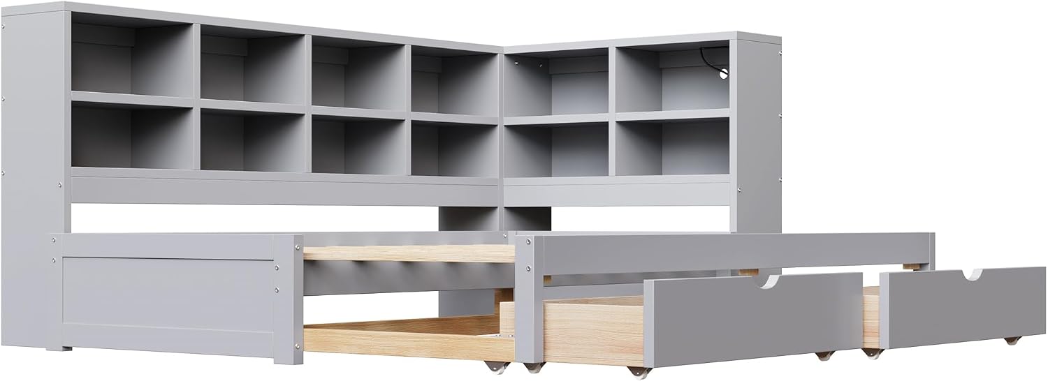 Merax Twin XL to King Size Daybed with Two Storage Drawers and Light, Wooden L-Shaped Corner Bed Sofa Bed with Storage Shelves and USB Ports, No Box Spring Needed, Gray