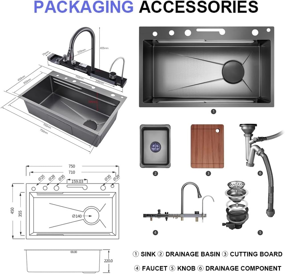 Stainless Steel Single Bowl Kitchen Workstation Sink Multi-Functional Bar Sink Waterfall Pull-Down Faucet and Complete Accessory Set (Black 75x45x21cm)