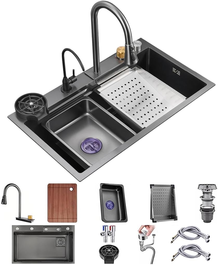 Single Bowl Kitchen Sink 304 Stainless Steel Bar Sink Household Multi-Function RV Sink with Faucet and Cup Washer Drop in Or Under Mount (Grey-68x45x22cm