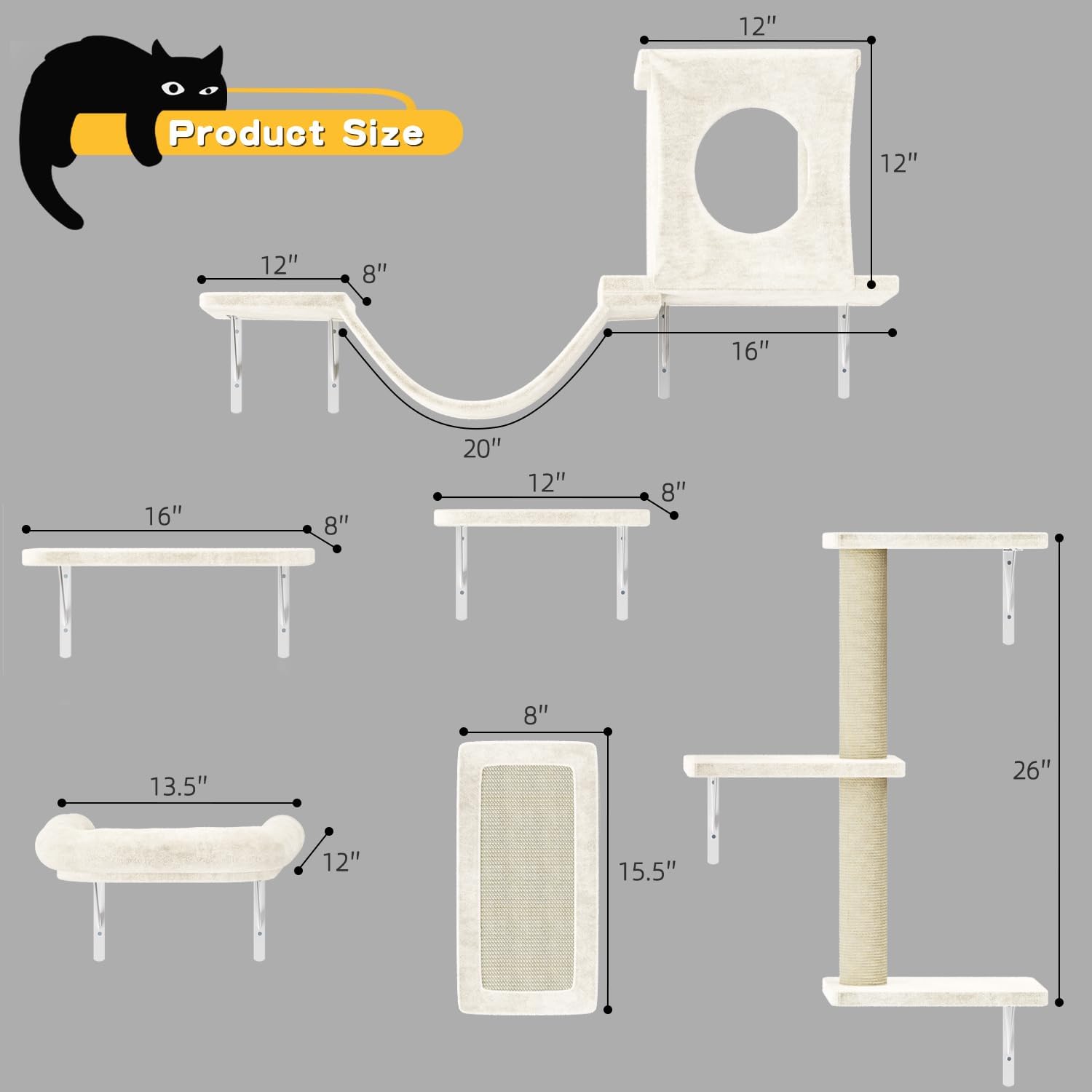 NUNU LAB Wall Mounted Cat Wall Shelves, 12-in-1 Cat Wall Climber with Condos House, Scratching Post, Bridge Ladder, Indoor Space-Saving Furniture for Kittens Play, Beige