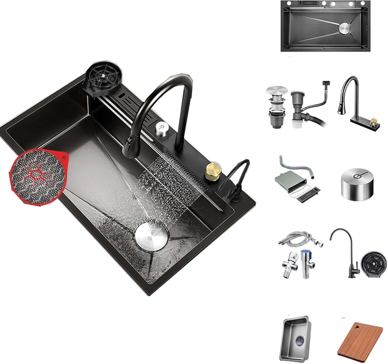 Waterfall Kitchen Sink Stainless Steel with Knife Rack, Black Faucet with Sprayer of 3 Modes, Single Bowl Kitchen Sink with Cup Washer Pull Down Sprayhead Faucet(Black,75 * 45cm)