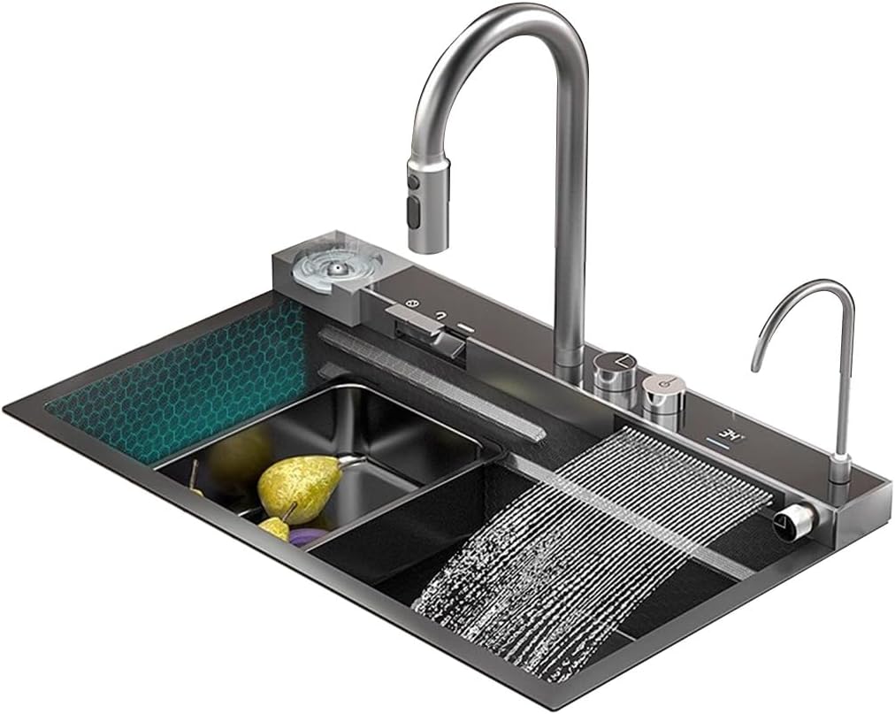 Waterfall Sink with Multi-Functional Pull-Out Faucet Stainless Steel Kitchen Sink Single Bowl Bar Sink with Complete Accessory Set (Black 75x46x22cm)