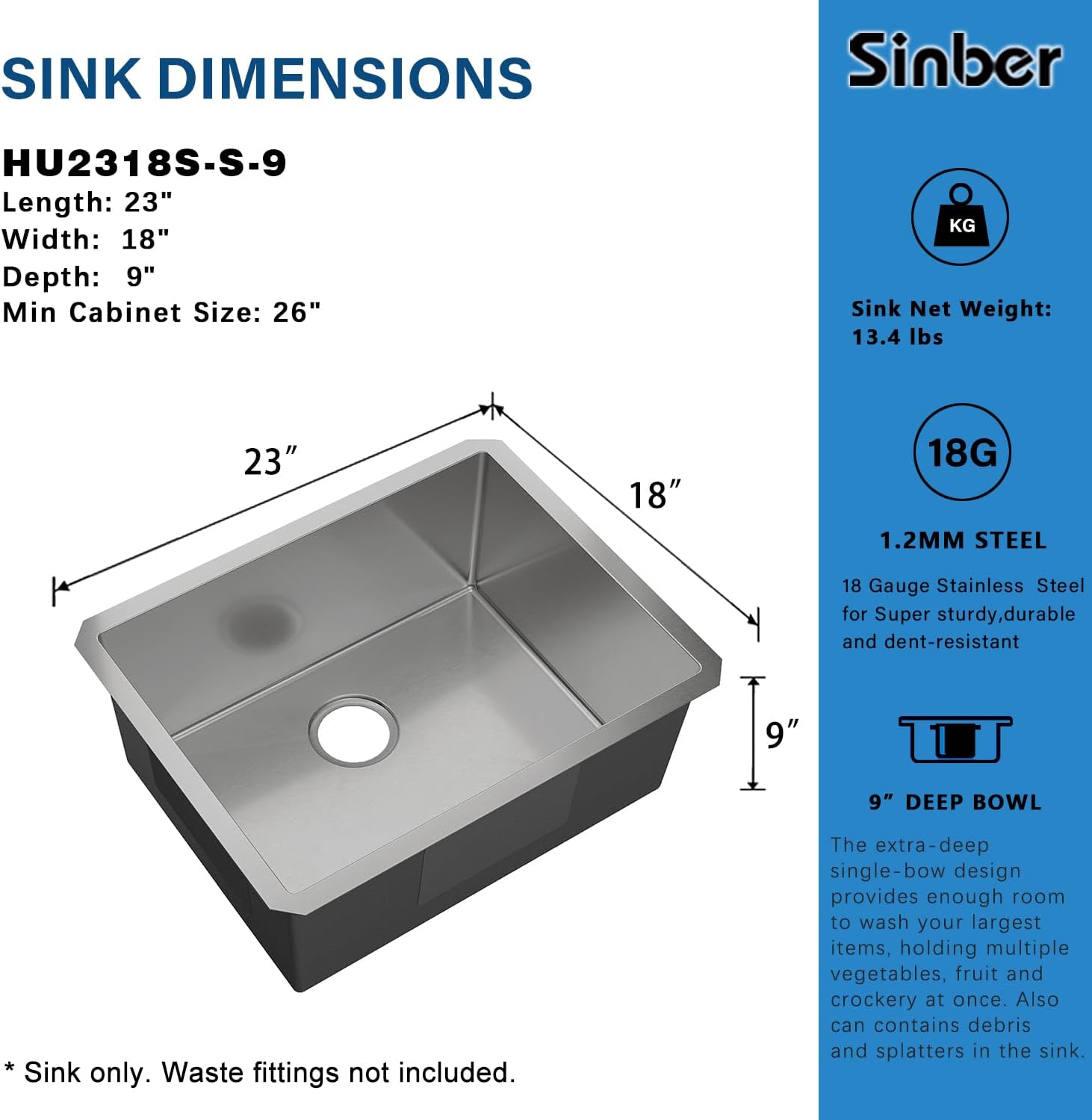Sinber HU2318S-10-S 23' x 18' x 9' Undermount Single Bowl Kitchen Sink with 18 Gauge 304 Stainless Steel Satin Finish (Sink Only)