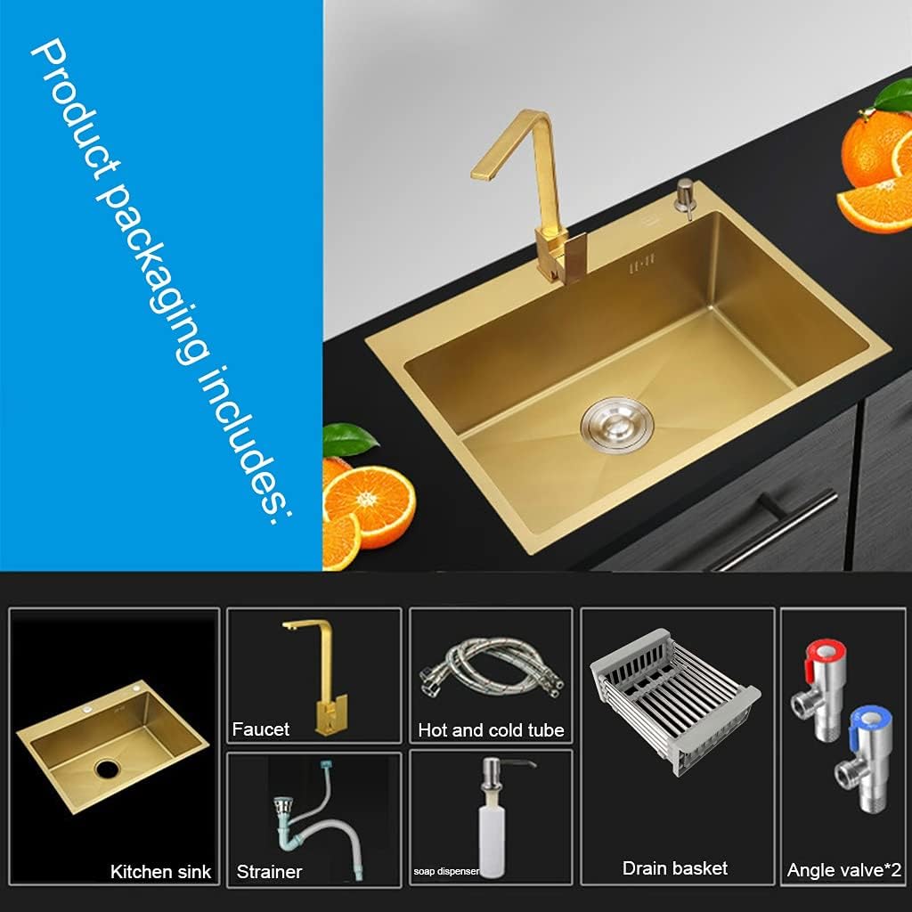 Kitchen Sink Brushed Gold Single Bowl Stainless Steel Drop-in Or Undermount Kitchen Hardware with Square Faucet and Installation Kit (Color : Gold, Size : 45×40×21cm) (Gold 45×40×21cm)