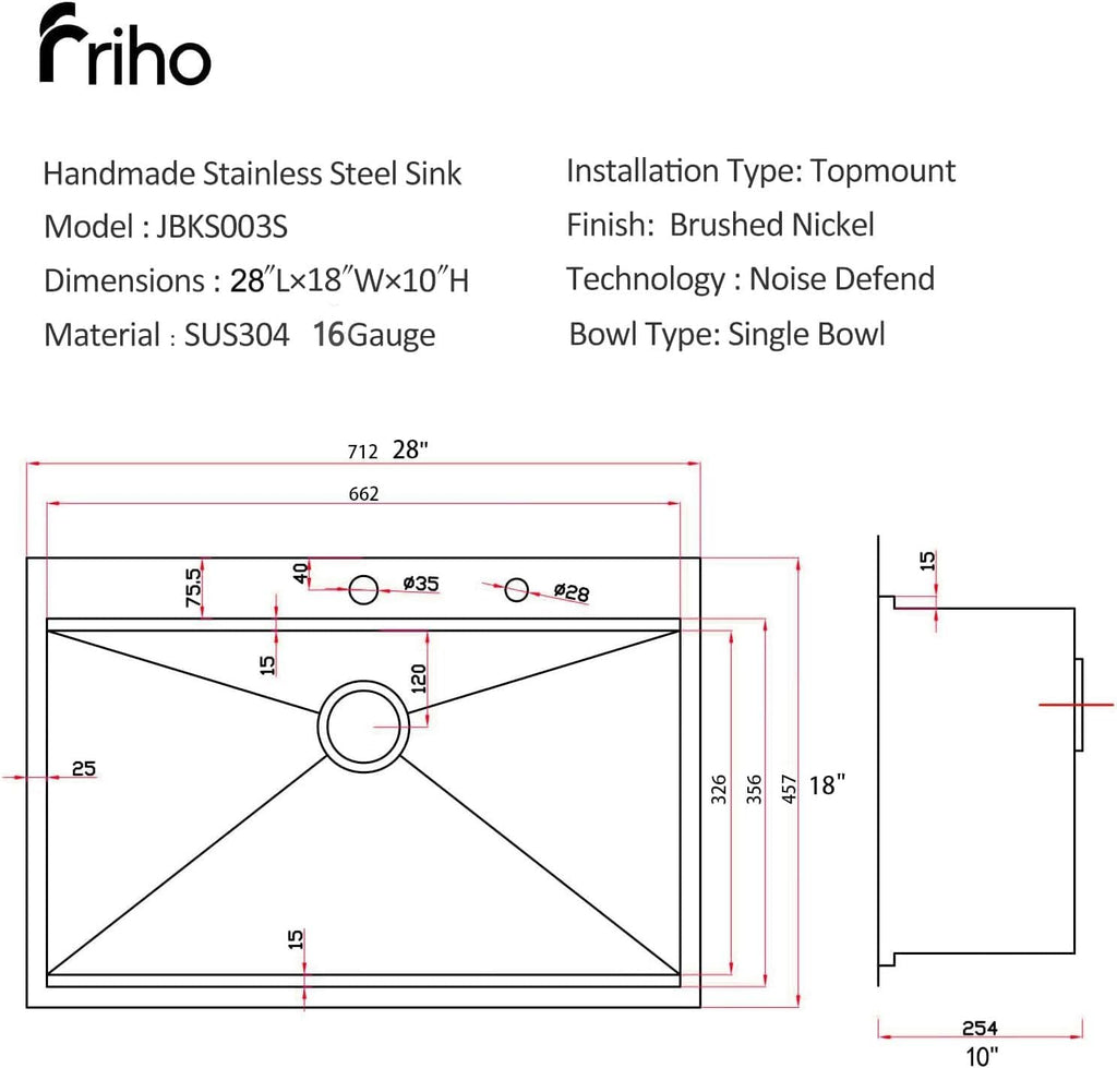 Friho 28 Inch Drop in Kitchen Sink, 28x18 Topmount Commercial Handmade 16 Gauge Single Bowl Stainless Steel Sink with Basket Strainer