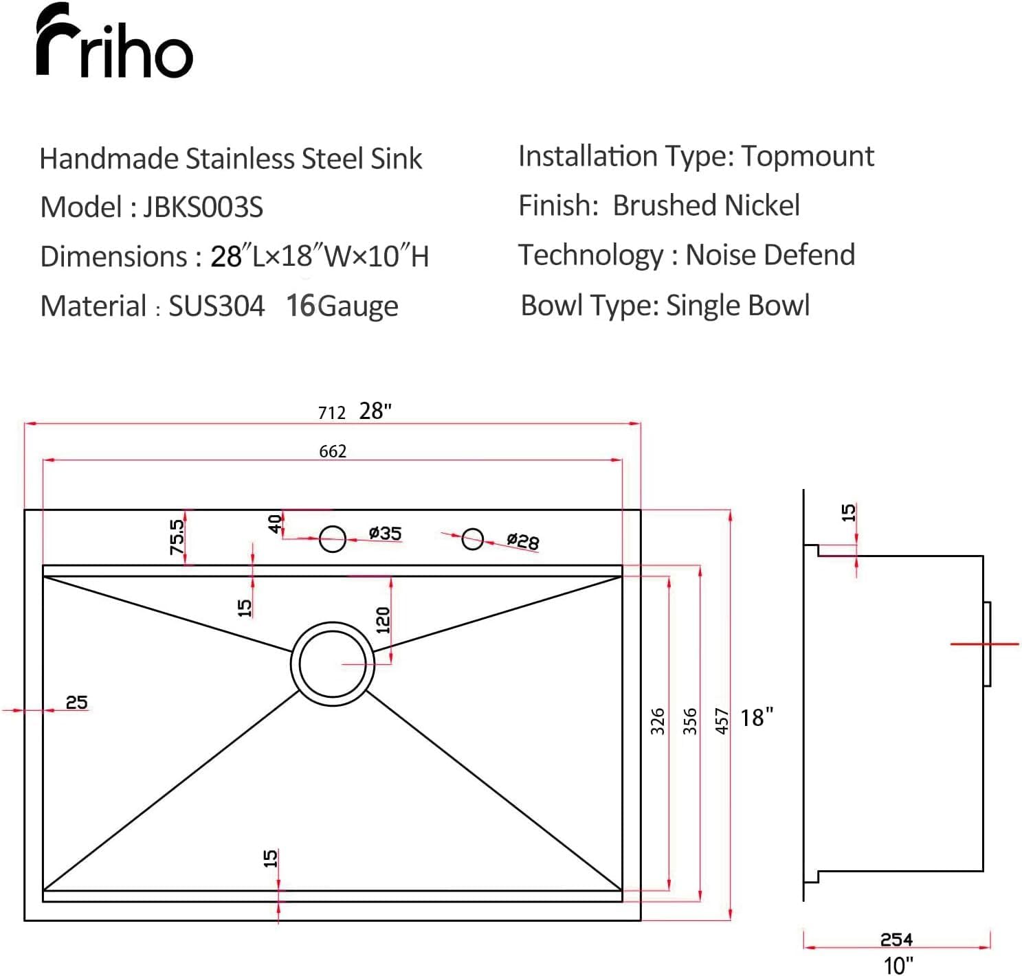 Friho 28 Inch Drop in Kitchen Sink, 28x18 Topmount Commercial Handmade 16 Gauge Single Bowl Stainless Steel Sink with Basket Strainer