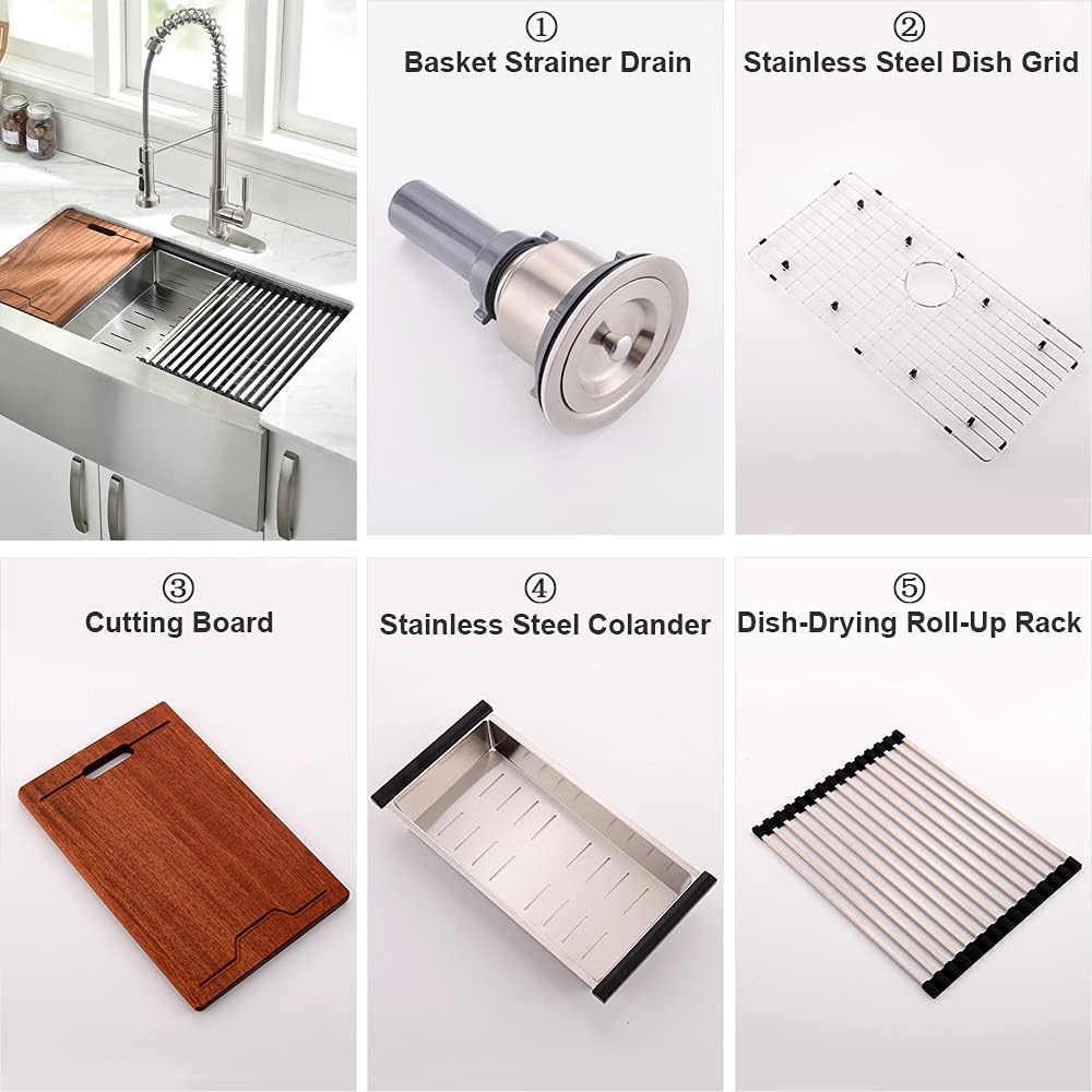 33Inch Farmhouse Kitchen Sink -VOKIM 33'x22' Apron Front Kitchen Sink Workstation Single Bowl 16 Gauge Stainless Steel Kitchen Farm Kitchen Sinks with Accessories