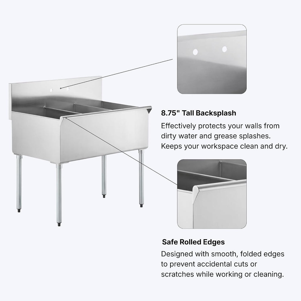 Commercial Stainless Steel Utility Sink with Backsplash, Triple 12' x 21' x 14' Deep Bowls, 16-Gauge Construction - for Janitorial Area, Commercial Kitchen, Garage, Laundry Room