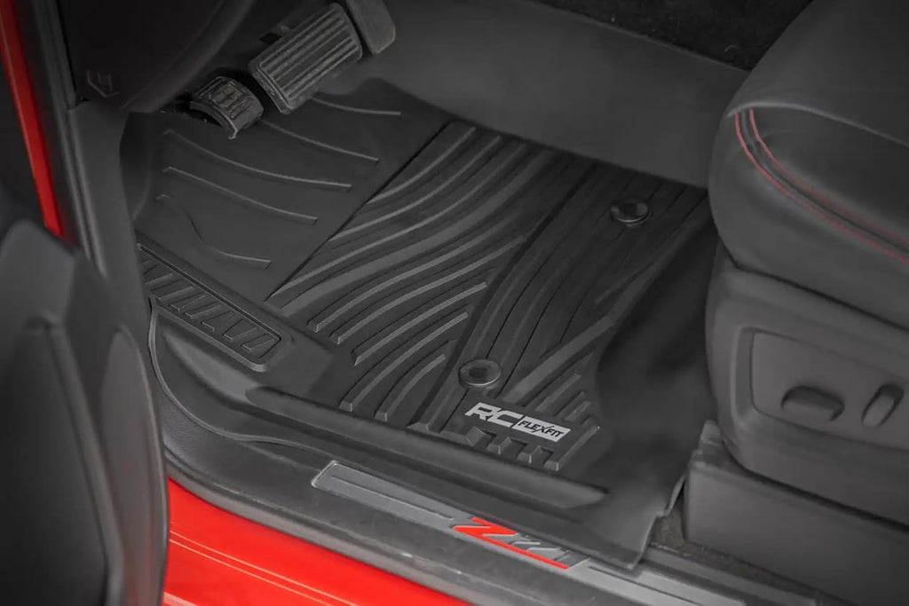 Rough Country Flex-Fit Floor Mats for Chevy Silverado & GMC Sierra 1500/2500HD/3500HD (2014–2018) Crew Cab - Front & Rear Set, All-Weather Non-Slip TPE Liners w/Spill Saver Lip