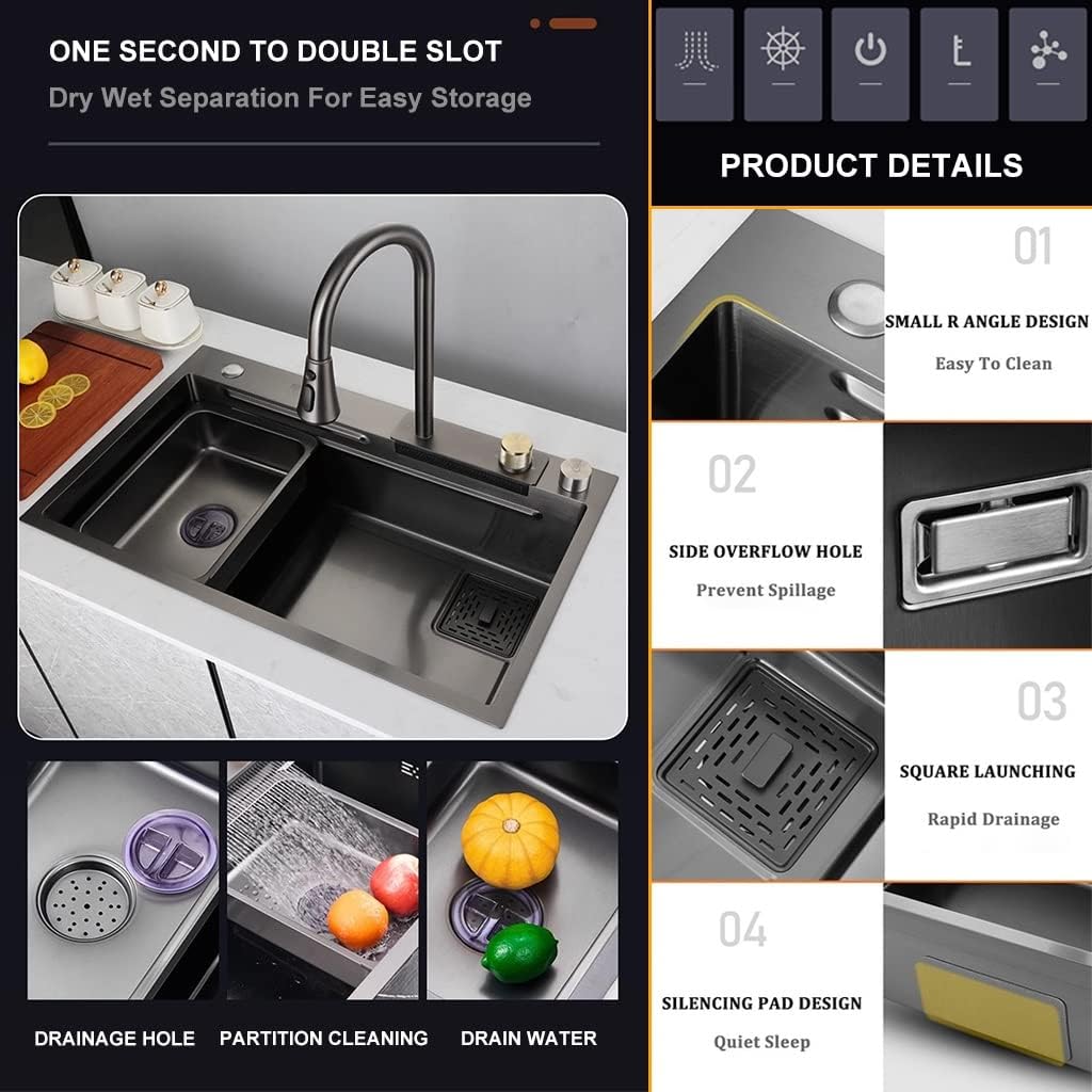 Waterfall Kitchen Sink Versatile Stainless Steel Single-Bowl Kitchen Workstation Sink Waterfall Pull-Down Faucet And Complete Accessory Set Dual-Mount (Color : Black, Size : 68x45x22cm) (Black 75