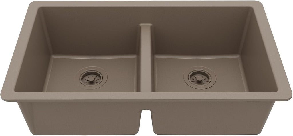 Karran 32' Quartz Composite Undermount Double Bowl Kitchen Sink with Low Divider – 50/50 Equal Bowl, 80% Natural Quartz, 535°F Heat Resistant, Sound Dampening, Concrete Color, QU-810