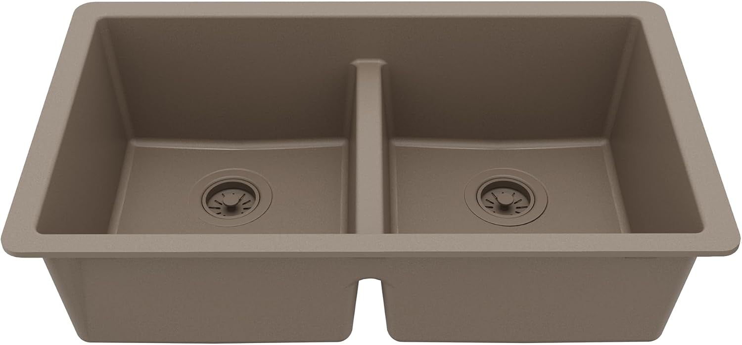 Karran 32' Quartz Composite Undermount Double Bowl Kitchen Sink with Low Divider – 50/50 Equal Bowl, 80% Natural Quartz, 535°F Heat Resistant, Sound Dampening, Concrete Color, QU-810