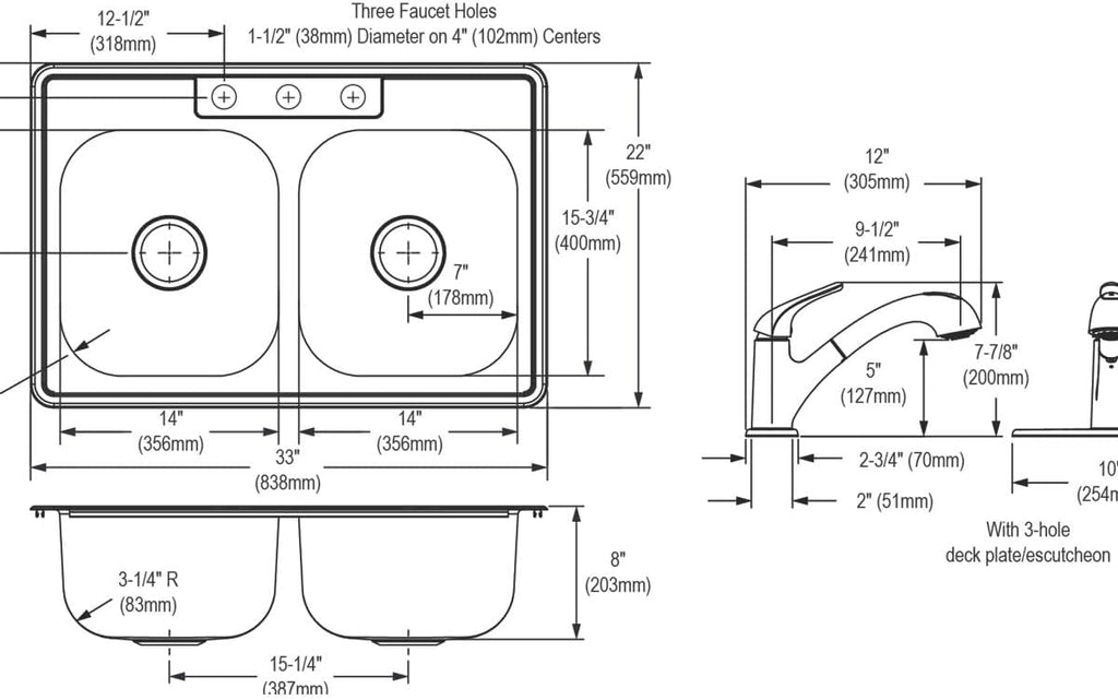 Dayton Stainless Steel 33' x 22' x 8-1/16', 3-Hole Equal Double Bowl Drop-in Sink and Faucet Kit