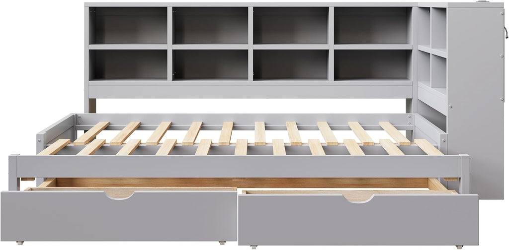 Merax Twin XL to King Size Daybed with Two Storage Drawers and Light, Wooden L-Shaped Corner Bed Sofa Bed with Storage Shelves and USB Ports, No Box Spring Needed, Gray