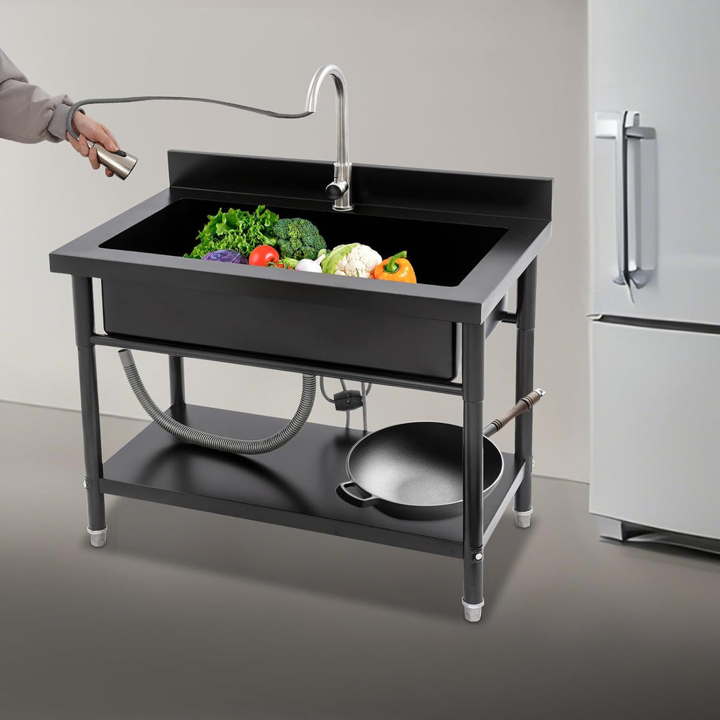 Stainless Steel Utility Sink, 33.46 * 18.11 * 9.84in Commercial Single Bowl Bar Sink Laundry Tub Culinary Sinks Freestanding Workstation Sinks with Pull-out Faucet for Restaurants Canteens kitchens