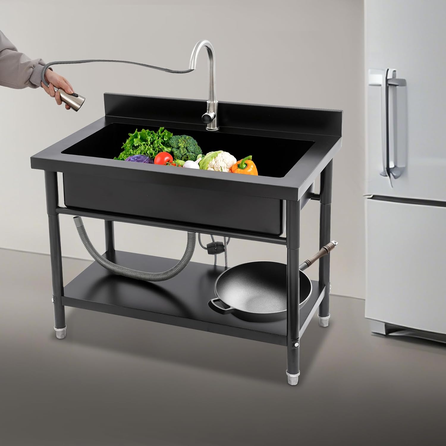 Stainless Steel Utility Sink, 33.46 * 18.11 * 9.84in Commercial Single Bowl Bar Sink Laundry Tub Culinary Sinks Freestanding Workstation Sinks with Pull-out Faucet for Restaurants Canteens kitchens