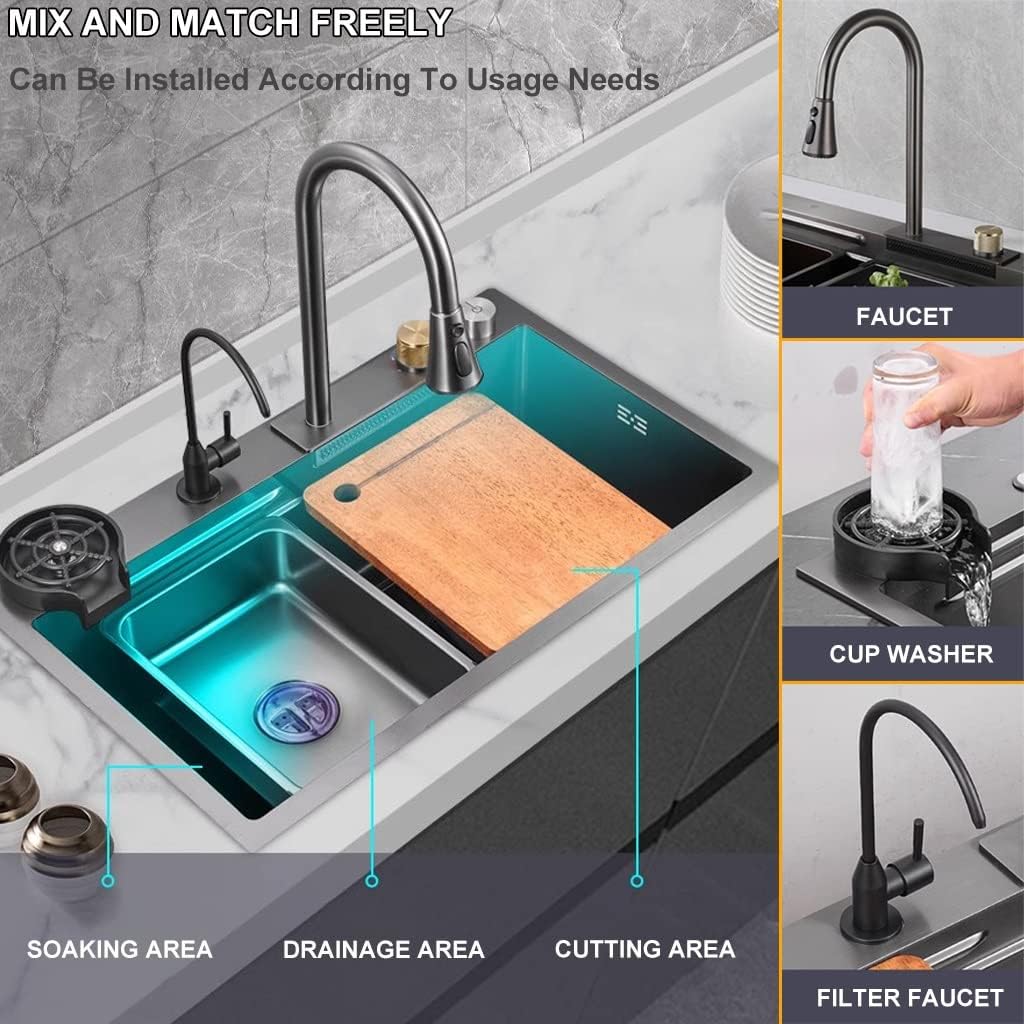 Waterfall Kitchen Sink Home Sink Vegetable Basin With Pull-Out Faucet And Glass Rinser Versatile Stainless Steel Single-Bowl Kitchen Worksta (Color : Black, Size : 75x45x22cm) (Black 80x45x22cm)