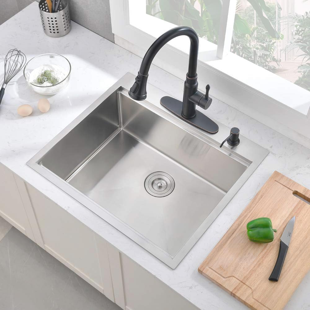 25 Inch Drop in Kitchen Sink Workstation, 25x22 Drop in Kitchen Sink Stainless Steel Single Bowl 16 Gauge Topmount Handmade Basin
