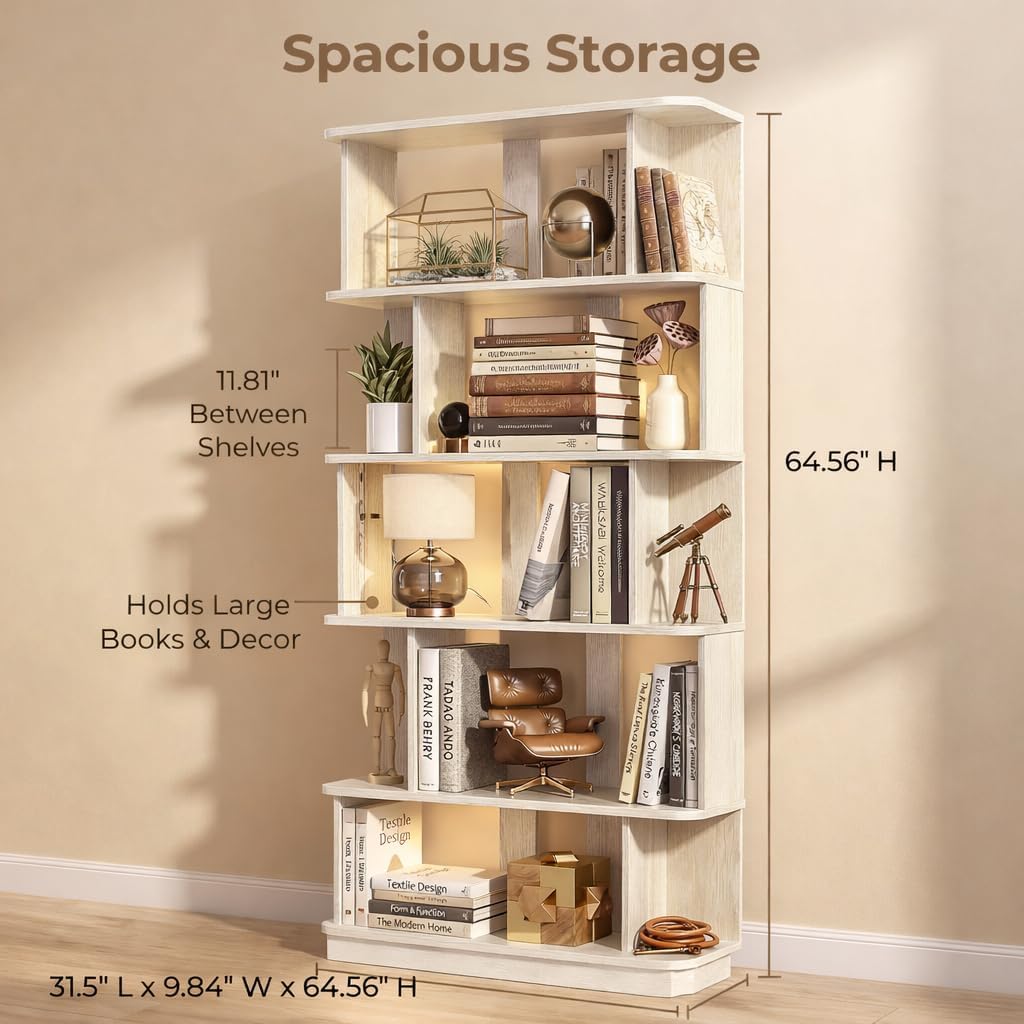 5-Tier Tall Bookshelf, Narrow Wood Bookcase, White | 64.56' freestanding open display shelf for books, décor, and storage in living rooms, bedrooms, or home offices