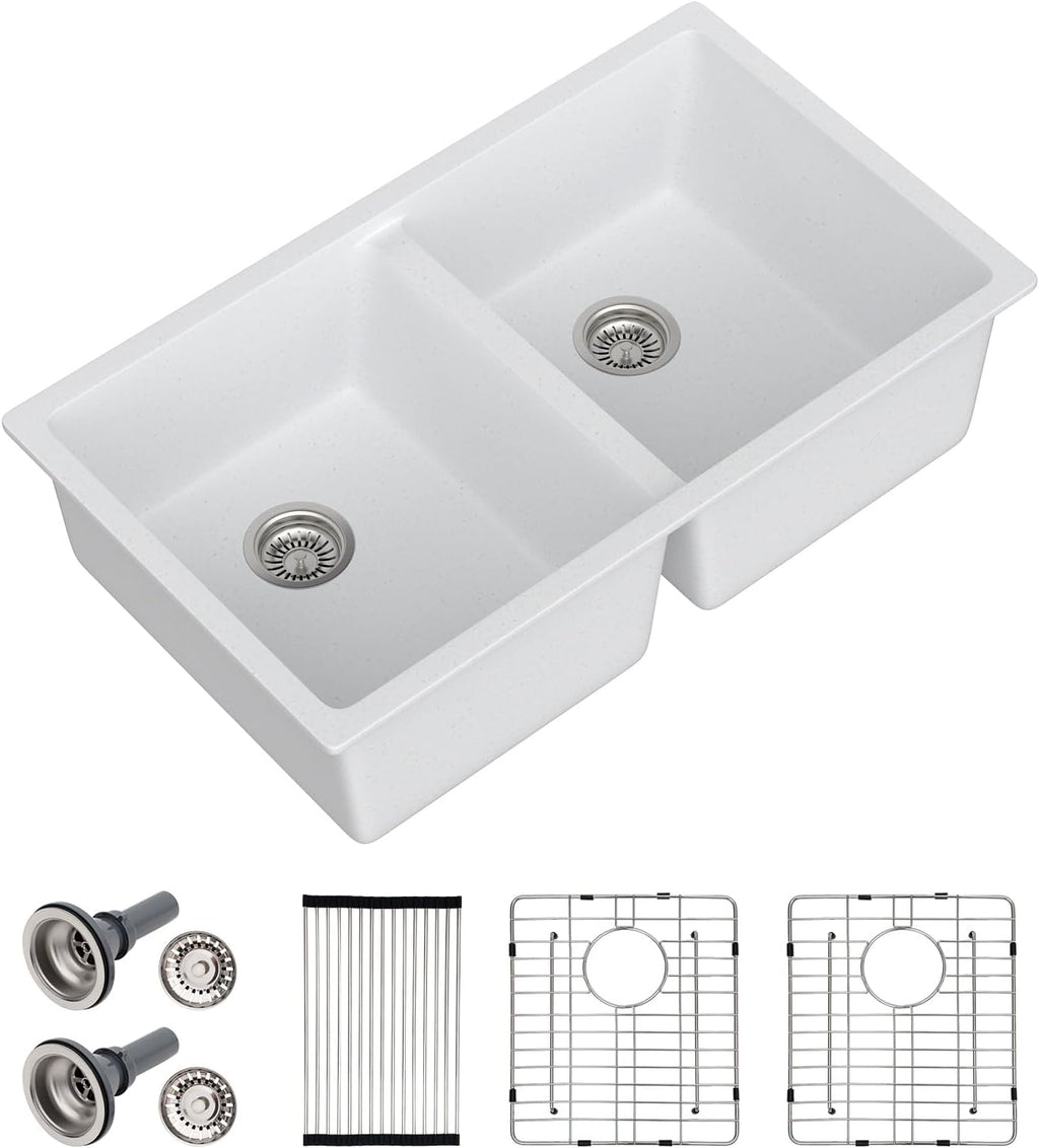 Dcolora 33 Inch Double Bowl Undermount Kitchen Sink White Deep Double Basin Prep Sink 50/50 Split Granite Composite 33'×19'×10',#DC-GU001W