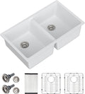 Dcolora 33 Inch Double Bowl Undermount Kitchen Sink White Deep Double Basin Prep Sink 50/50 Split Granite Composite 33'×19'×10',#DC-GU001W