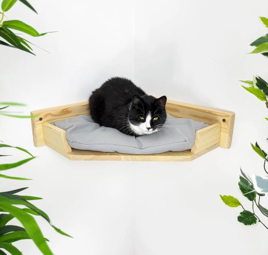 Cat Bed, Wall-Mounted Wooden Corner, Wall Furniture, Cat Corner Wall Shelf Bed with Cushion, Easy to Install (Brown, Pillow Color White)
