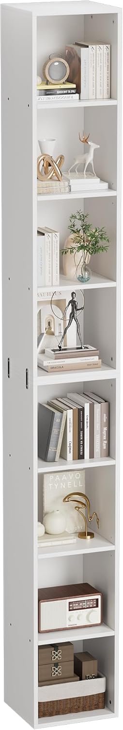 Book Shelf, 8 Tier Bookcase, 82.6 inches Tall Narrow Bookshelf, Wooden 8 Cube Storage Media Shelf, Vertical Slim Book Case with Removal Panels for Living Room, Bedroom, Entrance Hall