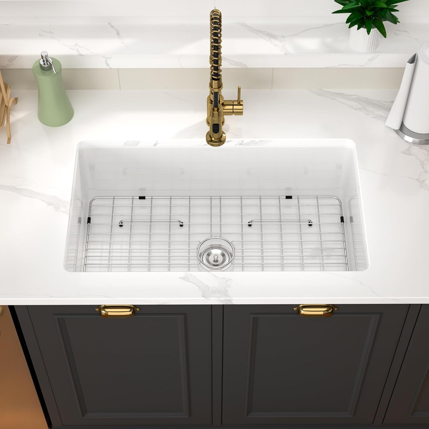 32 White Undermount Kitchen Sink Porcelain 32x19x10 Inch Dual Mount White Single Bowl Ceramic Kitchen Sink - Brushed Drain Strainer