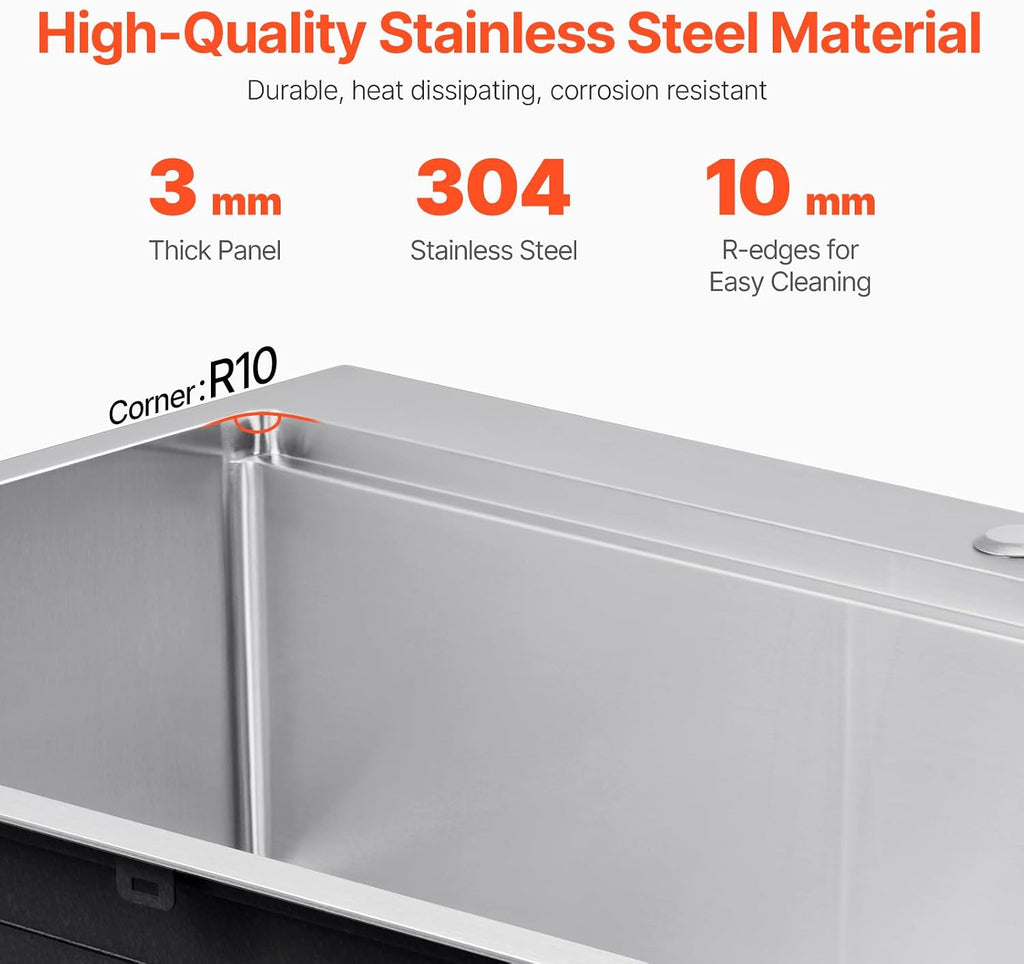 VEVOR Drop In Kitchen Sink 33 Inch Kitchen Sink Workstation, 304 Stainless Steel Top Mount Sinks, Drop-In Single Bowl with Ledge & Multiple Accessories Sink for RV, Prep Kitchen, Bar 33 x 22 x 9inch
