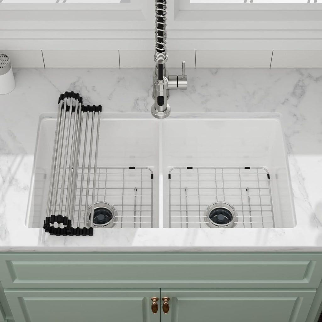 32 Inch White Undermount Kitchen Sink, 32'x19'x10' Fireclay Porcelain Sink, 50/50 Double Bowl Ceramic Kitchen Sinks Large Basin