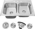 Rhbamoa 33''x22'' Drop In Kitchen Sink,T304 Stainless Steel Sink,50/50 Double Bowl Kitchen Sinks 33 Inch,10'' & 7'' Deep Top Mount Double sinks with 3 Faucet Holes