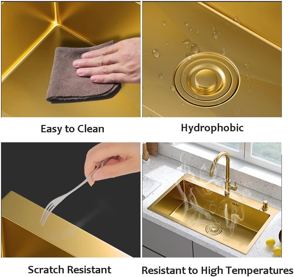 Single Bowl Kitchen Sink - Gold Kitchen Sink - Drop in & Top Mount Kitchen Sink - 16 Gauge Stainless Steel Kitchen Sinks (Color : Kit-B, Size : 53x43x22cm) (Kita 68x45x22cm)