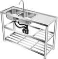 Free Standing Stainless Steel Sink, Double Bowl Commercial Restaurant Kitchen Sink Set w/Faucet Worktop Basin Double Storage Shelves Double Utility Sink Outdoor (47x17.7x31.5in-C)