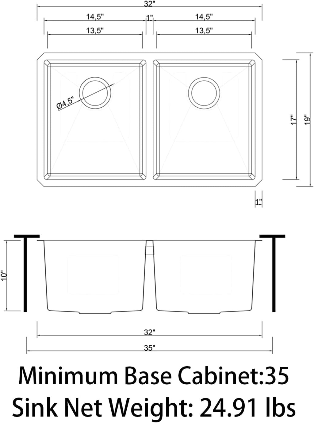 Sinber HU3219D-S-16G 32' x 19' x 10' Undermount Double Bowl Kitchen Sink with 16 Gauge 304 Stainless Steel Satin Finish (Sink Only)